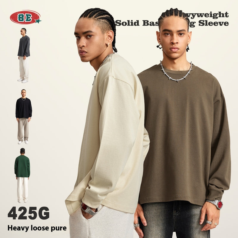 Long Sleeve Youth Autumn And Winter Solid Color Cotton Loose Plus Size T-shirt Men