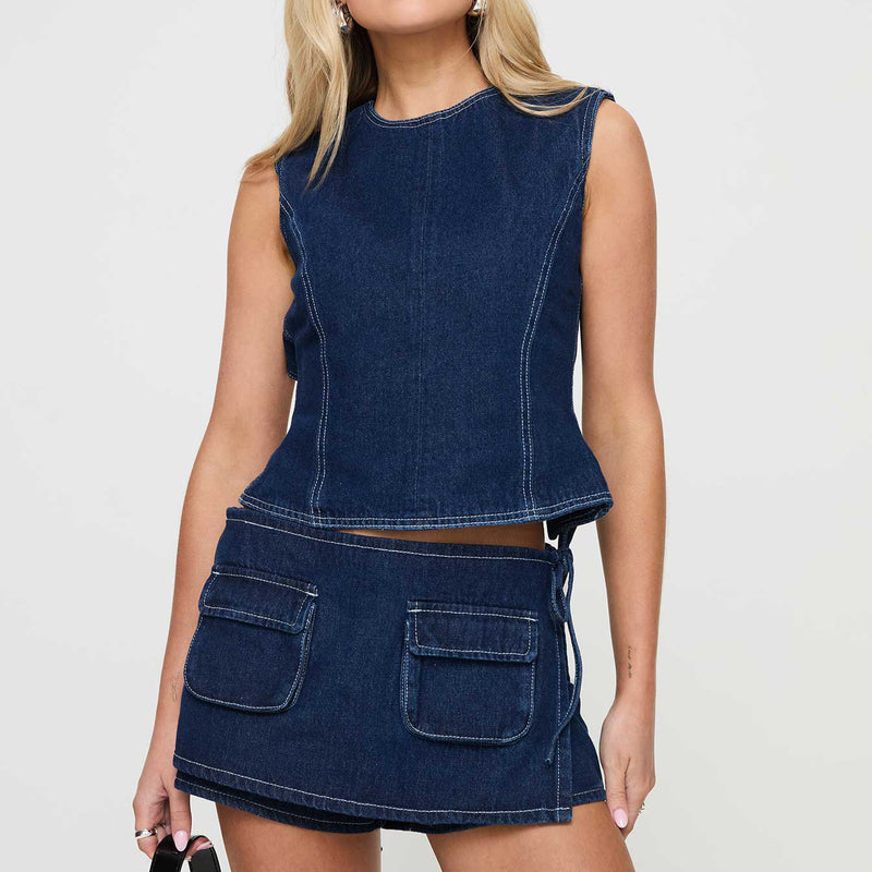 Retro Pocket Denim Culotte Lace-up