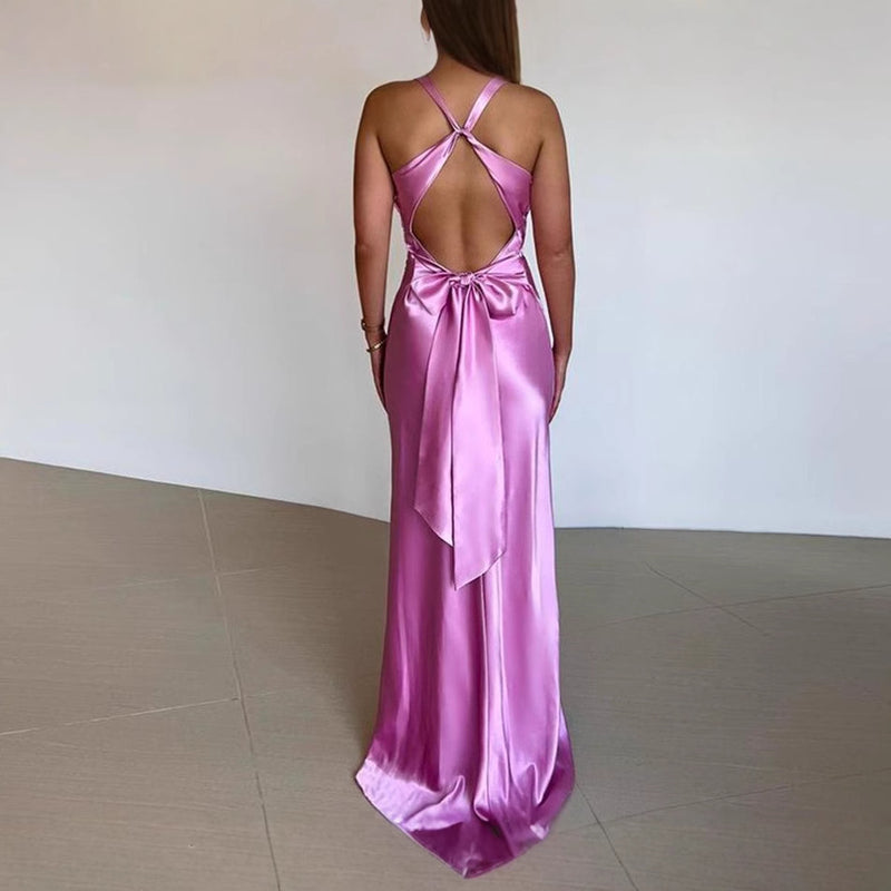 Fashion Sexy V-neck Lace Up Backless Maxi Dress Slim Fit Satin Dress