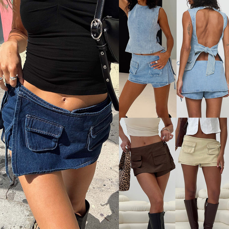 Retro Pocket Denim Culotte Lace-up