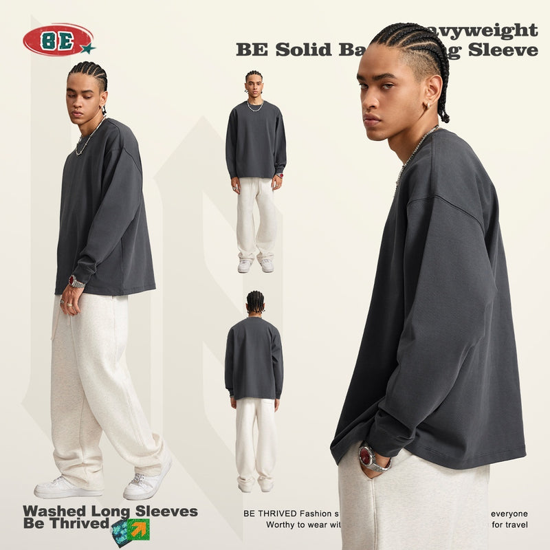 Long Sleeve Youth Autumn And Winter Solid Color Cotton Loose Plus Size T-shirt Men