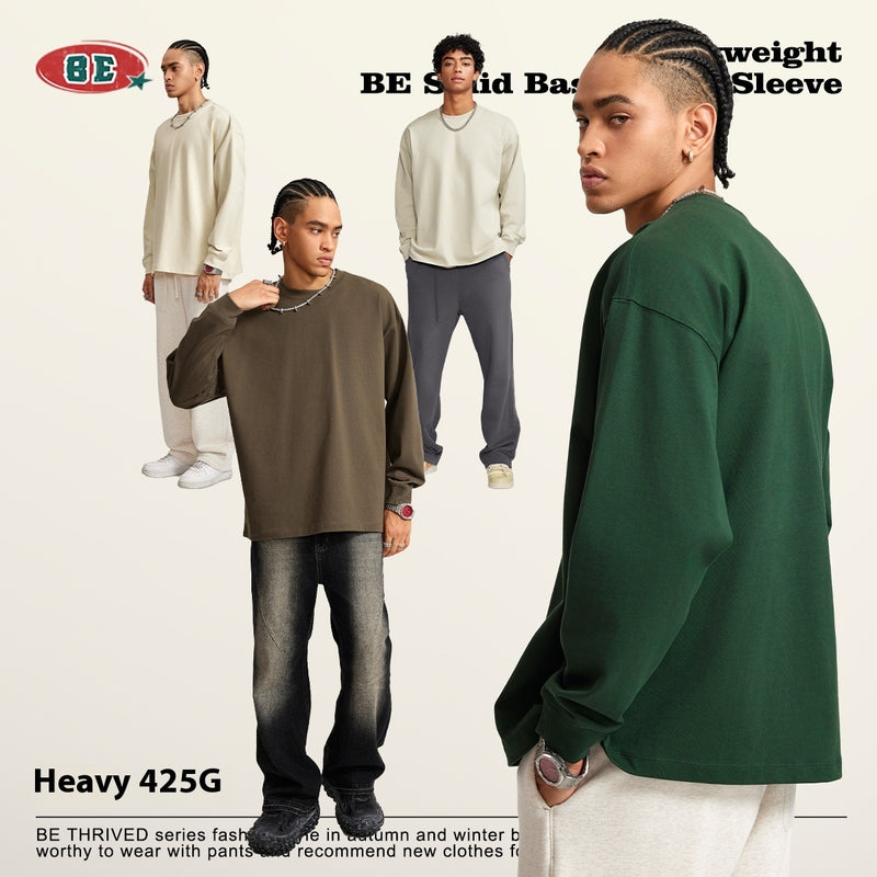 Long Sleeve Youth Autumn And Winter Solid Color Cotton Loose Plus Size T-shirt Men